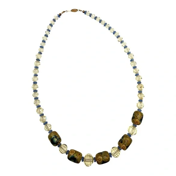 Vintage Hand-Painted Art Glass Necklace w/ 14K Gold Clasp-Length 19”